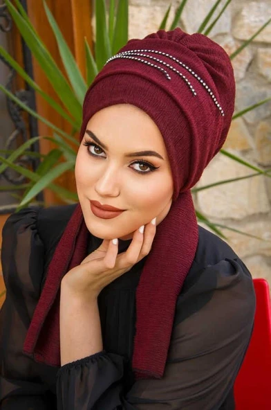 Aişe Tesettür Bordo Taşlı Abiye Atkılı Bone ürün görseli 1