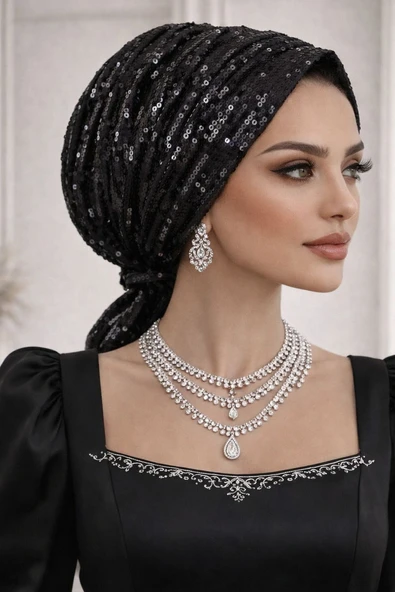 Aişe Tesettür Siyah Payet İşleme Abiye Tokalı Bone ürün görseli 1