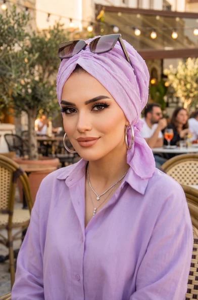 Aişe Tesettür Lila Ponpon Tokalı Bone - Resim 3