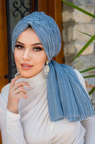 Aişe Tesettür Bebe Mavi Işıltılı Piliseli Dolama Bone - Resim 2