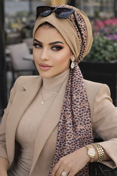 Aişe Tesettür Camel Desen Fularlı Bone ürün görseli 1