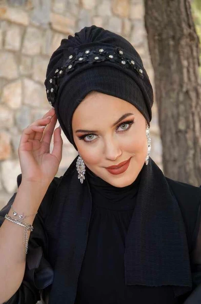 Aişe Tesettür Siyah Taş Nakışlı Abiye Atkılı Bone ürün görseli 1