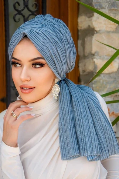 Aişe Tesettür Bebe Mavi Işıltılı Piliseli Dolama Bone - Resim 3