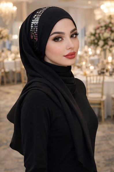 Aişe Tesettür Siyah Gümüş Payetli Bandana Abiye Şal ürün görseli 1