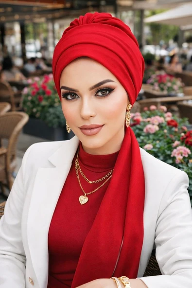 Aişe Tesettür Kırmızı Atkılı Tesettür Bone ürün görseli 1