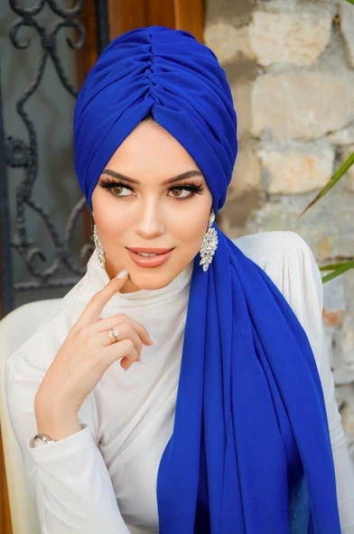 Aişe Tesettür Saks Mavi Tül Büzgülü Dolama Bone ürün görseli 1