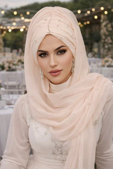 Aişe Tesettür Somon Taşlı Büzgü Model Hazır Abiye Şal ürün görseli 1
