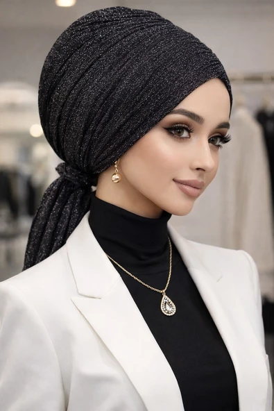 Aişe Tesettür Siyah Gümüş Simli Piliseli Abiye Tokalı Bone ürün görseli 1