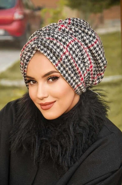 Aişe Tesettür Kazayağı Kırmızı Büzgülü Bone ürün görseli 1