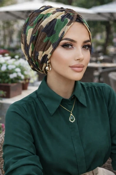 Aişe Tesettür Outlet Haki Kamuflaj Desen Piliseli Tokalı Bone ürün görseli 1