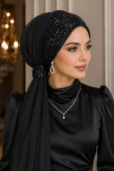 Aişe Tesettür Siyah Payetli Tül Abiye Tokalı Bone ürün görseli 1