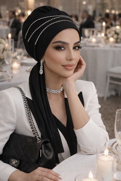 Aişe Tesettür Siyah Taşlı Atkılı Abiye Bone - 60101 ürün görseli 1