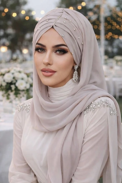 Aişe Tesettür Taş Gri Taşlı Büzgü Model Hazır Abiye Şal ürün görseli 1