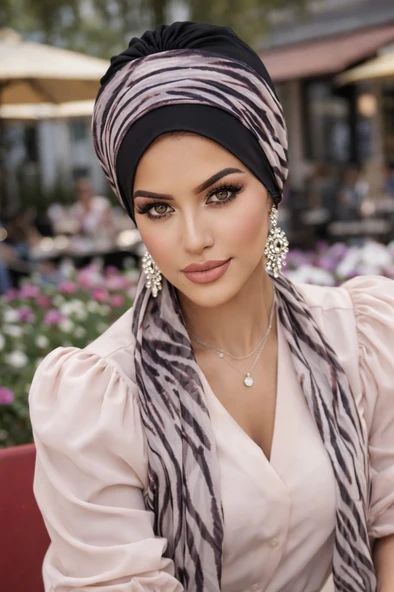 Aişe Tesettür Siyah Zebra Desen Fularlı Bone ürün görseli 1