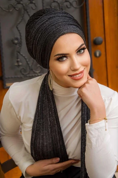 Aişe Tesettür Siyah Gümüş Simli Piliseli Abiye Atkılı Bone ürün görseli 1