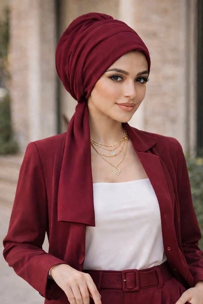 Aişe Tesettür Koyu Bordo Krinkıl Atkılı Bone ürün görseli 1