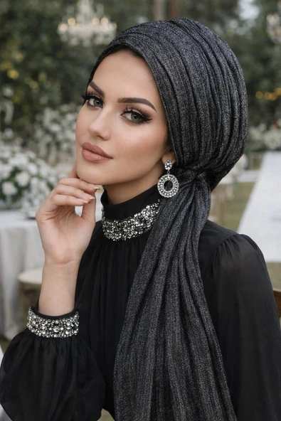 Aişe Tesettür Siyah Gümüş Piliseli Kelebek Model Bantlı Abiye Bone Şal ürün görseli 1