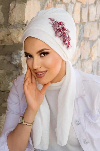 Aişe Tesettür Beyaz Bordo  Nakışlı  Atkılı Abiye Bone - 60101 ürün görseli 1