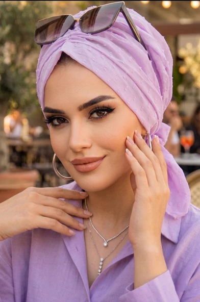 Aişe Tesettür Lila Ponpon Tokalı Bone - Resim 2