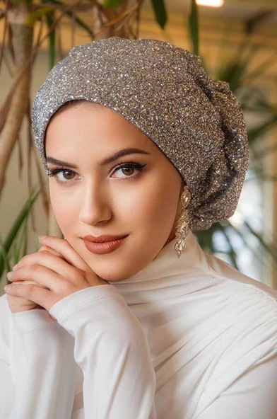 Aişe Tesettür Gümüş Simli Çağla Abiye Hazır Türban ürün görseli 1