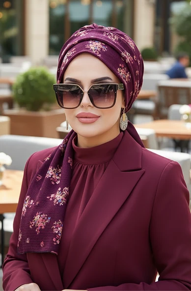 Aişe Tesettür Mürdüm Buket Desenli Atkılı Bone ürün görseli 1