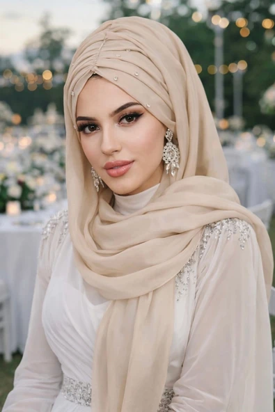 Aişe Tesettür Kemik Rengi Taşlı Büzgü Model Hazır Abiye Şal ürün görseli 1
