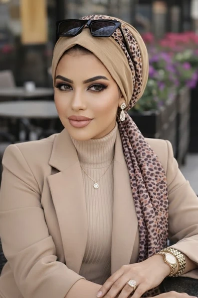 Aişe Tesettür Camel Desen Fularlı Bone - Resim 2