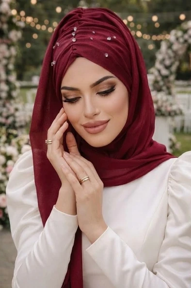 Aişe Tesettür Bordo Işıltılı Taşlı Abiye Şal ürün görseli 1
