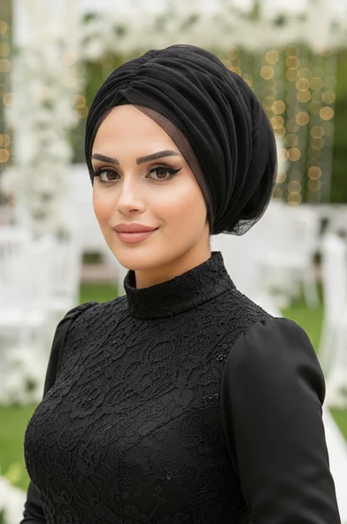 Aişe Tesettür Siyah Tül Büzgülü Dolama Bone ürün görseli 1