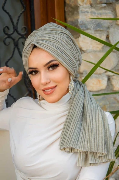 Aişe Tesettür Bej Işıltılı Piliseli Dolama Bone ürün görseli 1