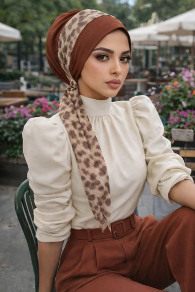 Aişe Tesettür Vizon Leopar Desen Fularlı Bone ürün görseli 1