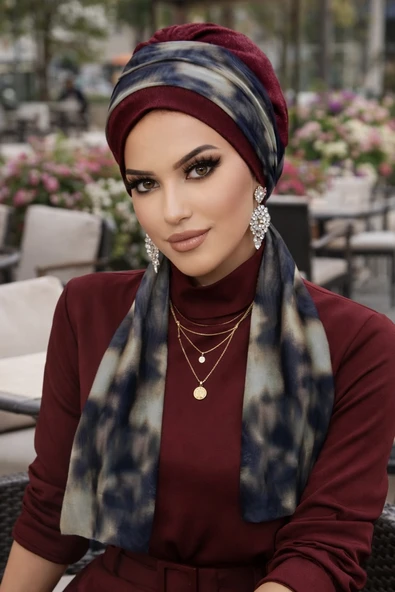 Aişe Tesettür Bordo Kahve Batik Desen Fularlı Bone ürün görseli 1
