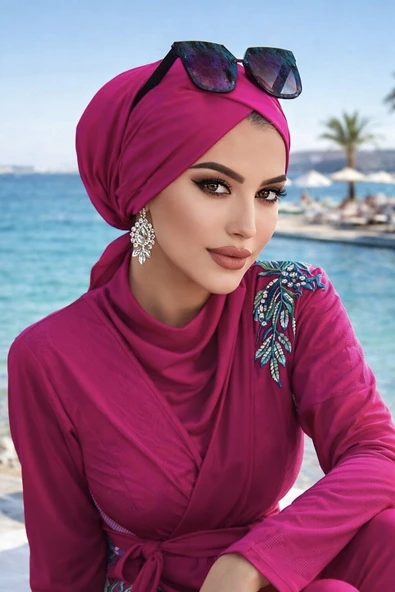Aişe Tesettür Fuşya Çapraz Bone / Deniz - Havuz Bonesi ürün görseli 1