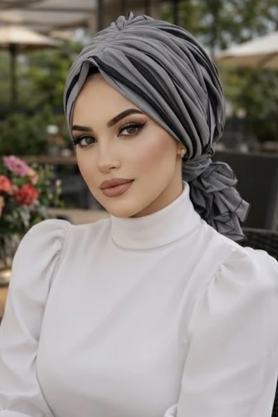 Aişe Tesettür Siyah Gri Tokalı Bone - Resim 2