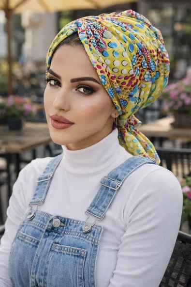 Aişe Tesettür Sarı Yaz Desen Tokalı Bone ürün görseli 1
