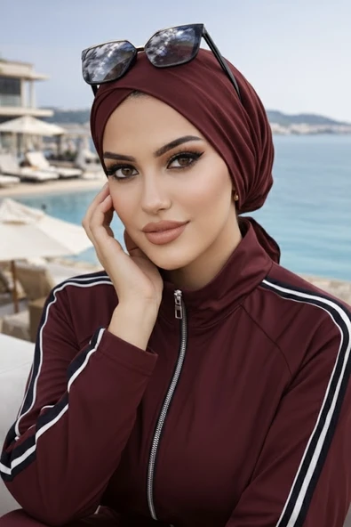 Aişe Tesettür Kızıl Kahve Çapraz Havuz - Deniz Bonesi ürün görseli 1