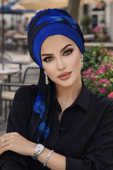 Aişe Tesettür Saks Siyah Batik Fularlı Bone ürün görseli 1