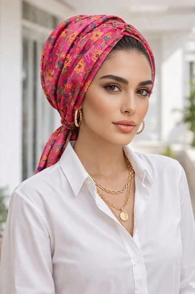 Aişe Tesettür Pembe Gri Desen Tokalı Bone ürün görseli 1