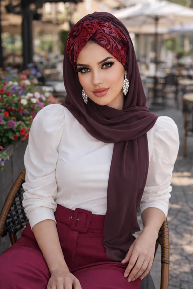 Aişe Tesettür Bordo Çiçek Desen Burgu Hazır Şal ürün görseli 1