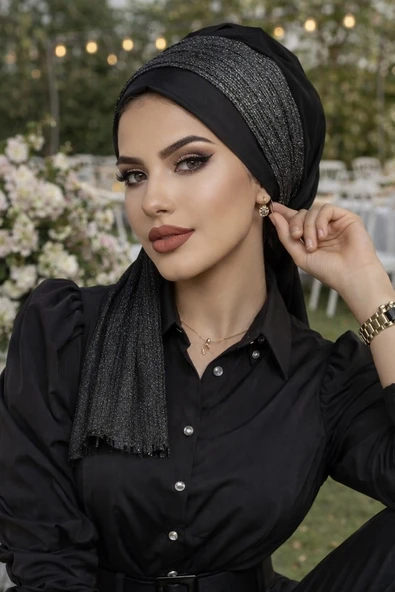 Aişe Tesettür Siyah Gümüş Pilise Fularlı Bone ürün görseli 1