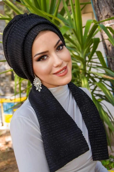 Aişe Tesettür Siyah Fitilli Atkılı Bone ürün görseli 1