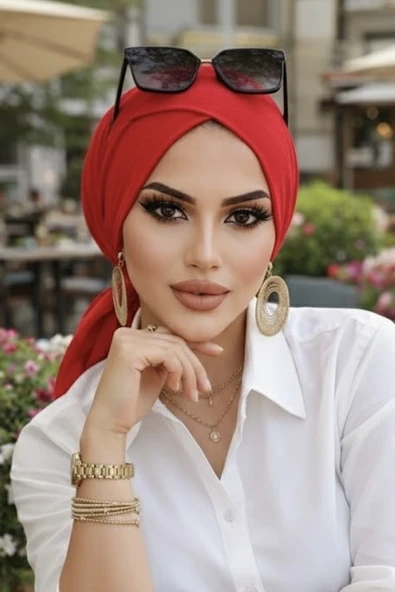 Aişe Tesettür Kırmızı Çapraz Bantlı Bone - Resim 2