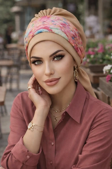 Aişe Tesettür Bej Rengi Batik Desen Bantlı Bone ürün görseli 1