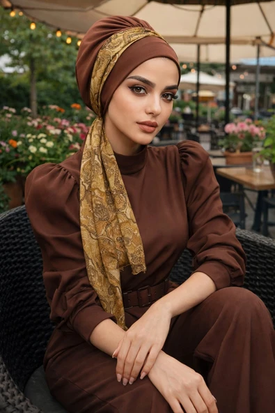 Aişe Tesettür Karamel Kahve Batik Desen Fularlı Bone ürün görseli 1