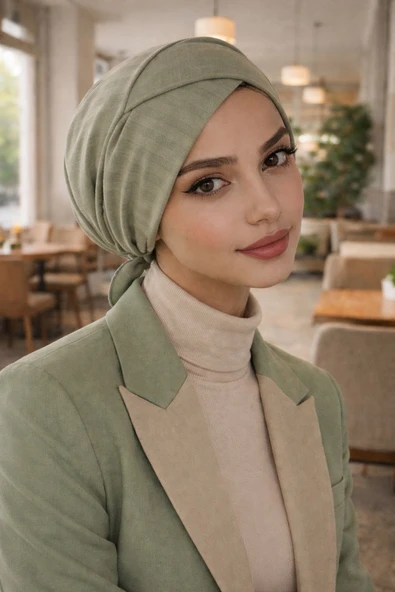 Aişe Tesettür Soft Yeşil Çapraz Bantlı Bone ürün görseli 1
