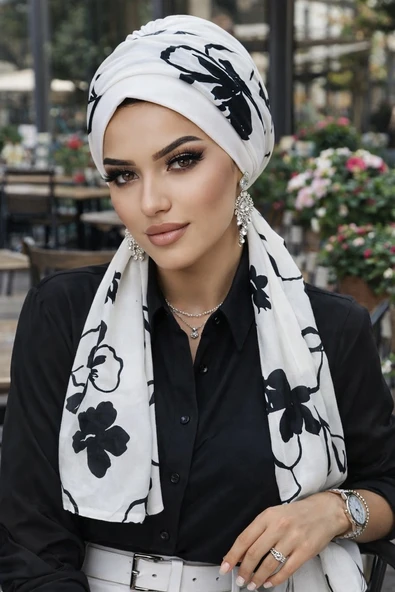 Aişe Tesettür Beyaz Siyah Yaprak Desen Fularlı Bone ürün görseli 1