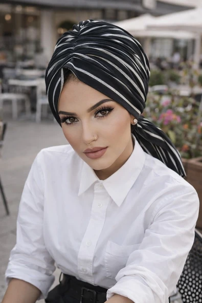 Aişe Tesettür Siyah Çizgili Köpük Tokalı Bone ürün görseli 1