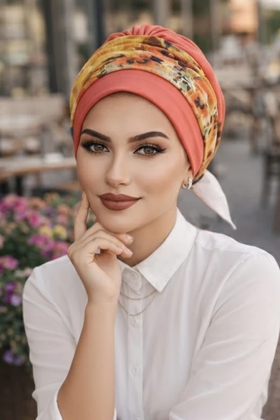 Aişe Tesettür Mercan Turuncu Bantlı Hazır Bone - Resim 2
