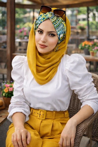Aişe Tesettür Hardal Desenli Burgu Hazır Şal ürün görseli 1