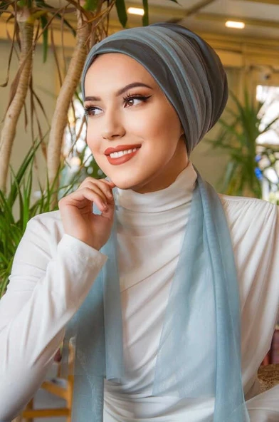 Aişe Tesettür Soft Mavi Tül Fularlı Bone ürün görseli 1